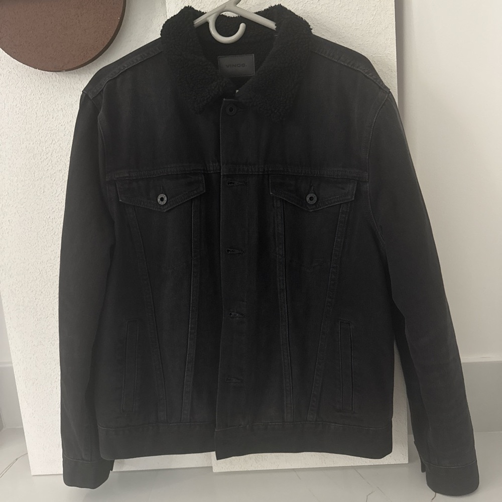 Vince Charcoal Denim Jacket with Fleece Collar